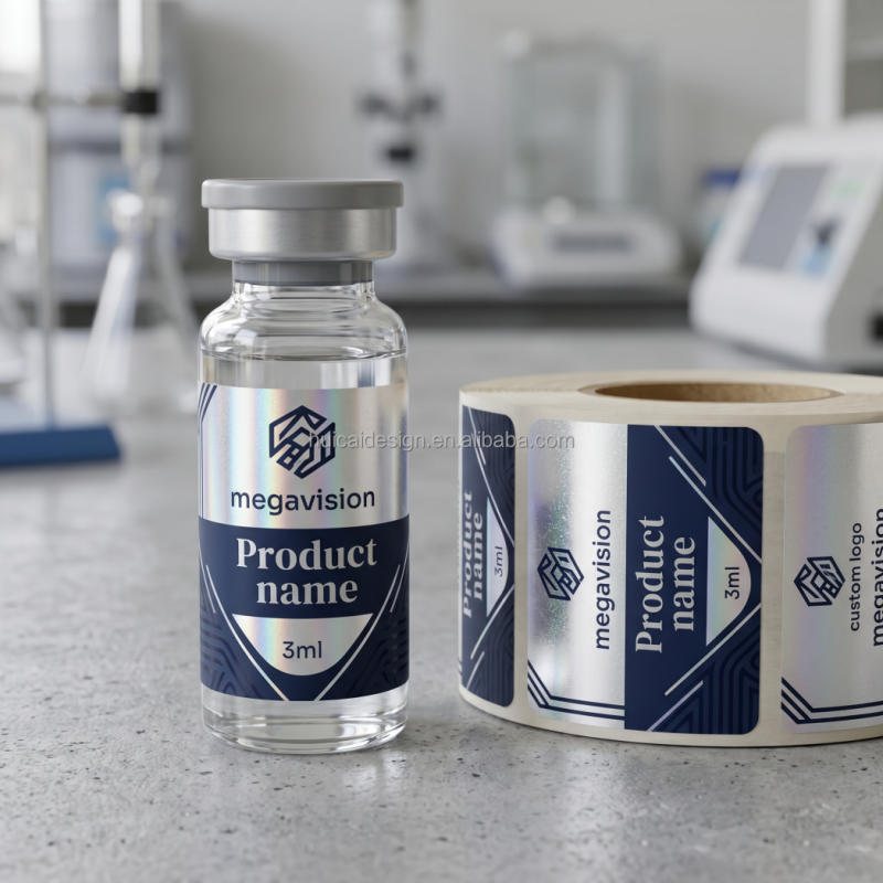Private Label Peptide Adhesive Stickers Silver Hologram Vinyl White BOPP Low MOQ Quick Turnaround Pharma Sample Vials