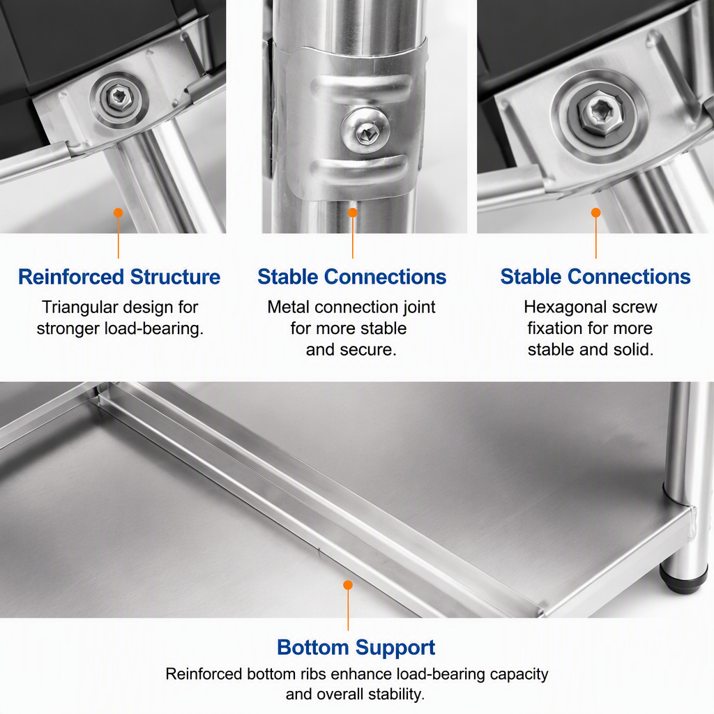 Commercial Stainless Steel Work Table with Adjustable Height and Mobile Swivel Casters for Restaurant Kitchen Use