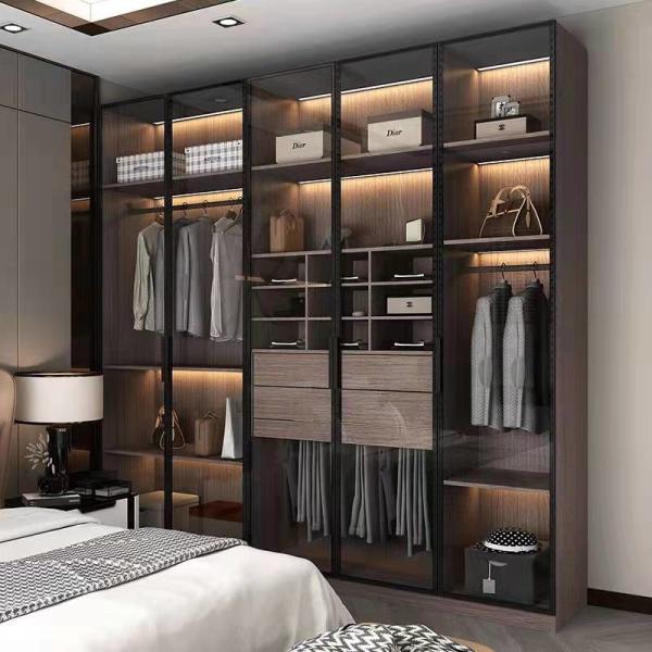 Smooth auto Black Bedroom Glass Wardrobe Melamine Custom Swing Door Closet