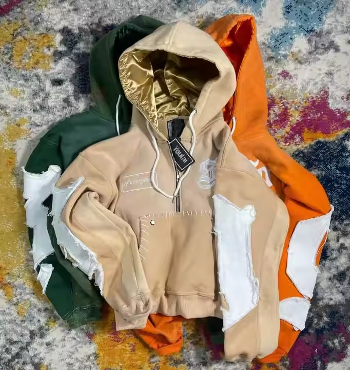 2025 Custom Reverse Embroidery Half Zipper Streetwear Tracksuit Pullover Acid Wash Distressed Flared Sweatpants and Hoodie Set