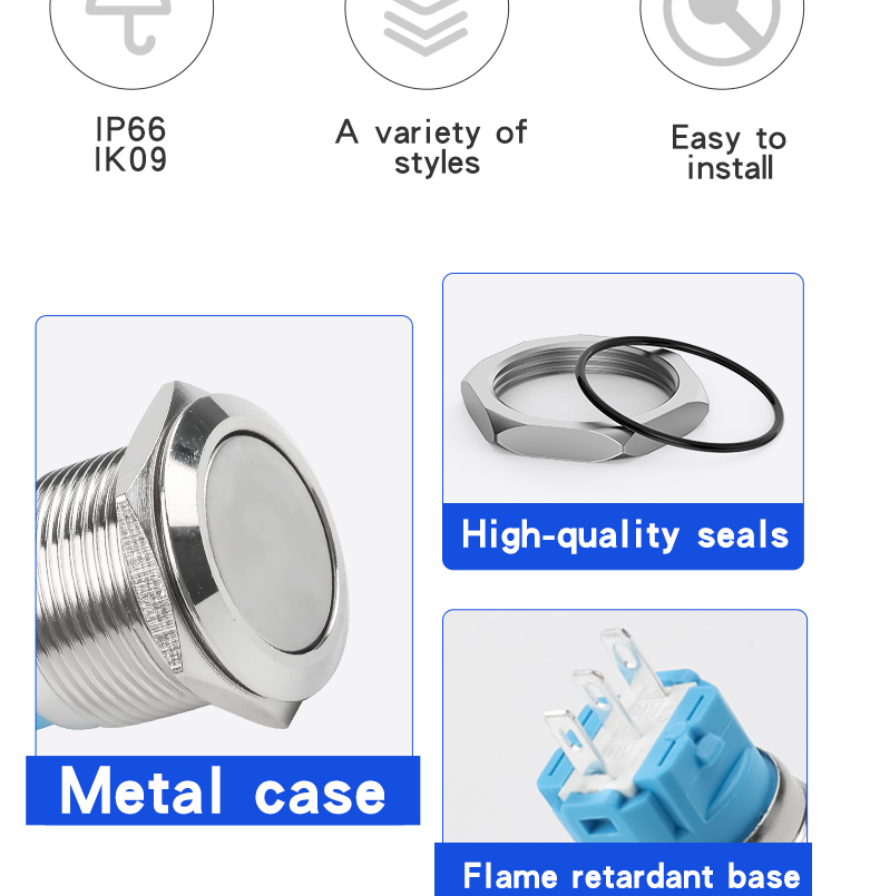 22mm self-resetting self-locking metal push-button switch with welded terminals 1NO 1NC without indicator light flat high head