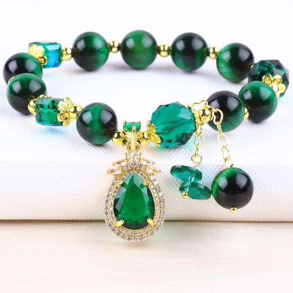 Natural Green 10mm Tiger Eye Bracelet With Copper Gold Plating