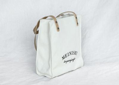 PU Handle Eco Canvas Shopping Tote With Inside Pockets / Zipper Closure