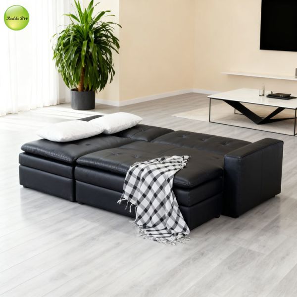 Multi-Functional PU Leather L-Shaped Corner Sofa For Living Room Convertible Sleeping Foldable Sofa Bed with Storage Chaise & Ottoman