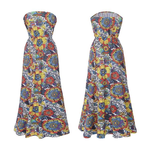 European-style fashion strapless printed long billowing skirt maxi sexy dress