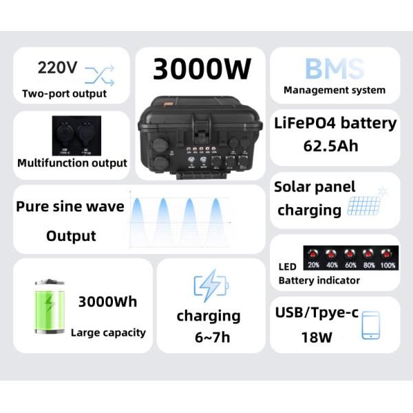 3000W LiFePO4 Battery Pack Outdoor Camping Portable Power Station Solar Generator