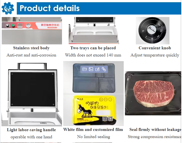 Hand Pressed Vacuum Skin Sealing Machine DQ300VST with Food Grade 304 Stainless Steel and 6061 Anodized Aluminum Mold for Fast Food Tray Sealing