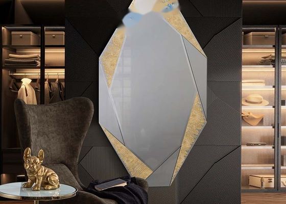 Decorative Mirror with Beveled Mirrors and Gold Leaf Graphics on Black Lacquered MDF Back