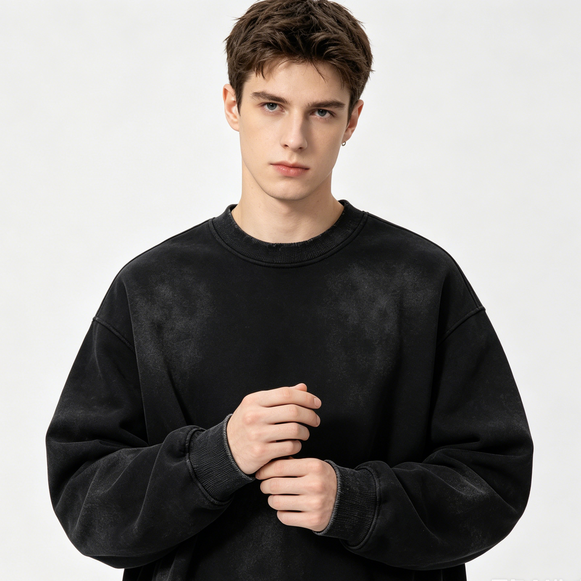 Loose Fleece Lined Hoodie Permanganate Washed Crew Neck Streetwear 351GSM - 400GSM