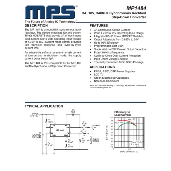 MP1484EN-LF-Z  Step Down Switching Regulator Ic 0.925V 1 Output 3A 8-SOIC 0.154