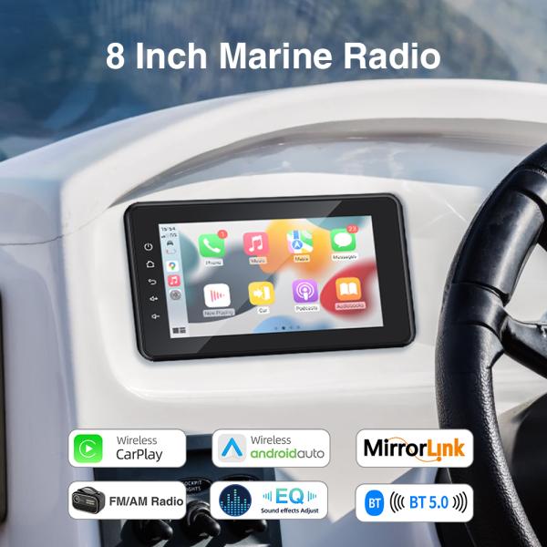 GRANDnavi 8 pulgadas de audio marino con sistema Linux para botes CarPlay Android Auto BT Wifi 4 * 50W ATV RV FM AM cámara de marcha atrás