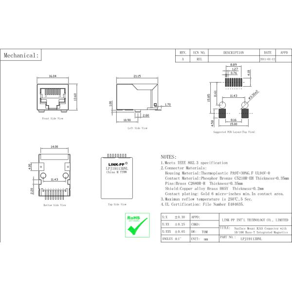 Соединитель сети порта SMT RJ45 Джек J0C-0003NLT 1x1 магнитный без приведенный