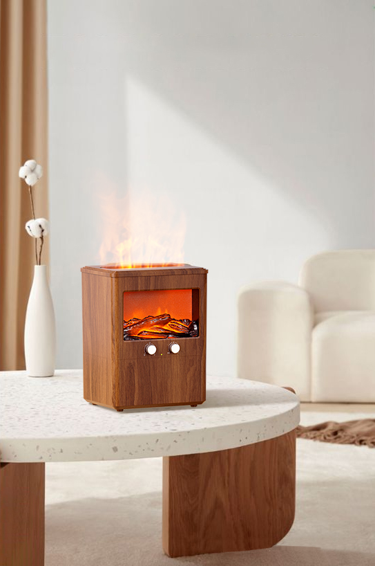 Portable 3L Electric Cool Mist Ultrasonic Humidifier with Wooden Grain Design and Flame Light for Household