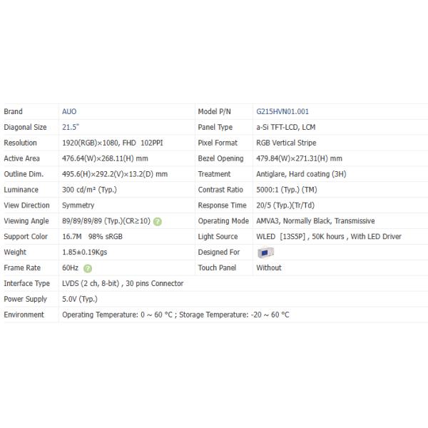 21.5 дюймовые TFT дисплейные модули FHD LVDS высококонтрастный Lcd соотношение 5000:1 G215HVN01.001