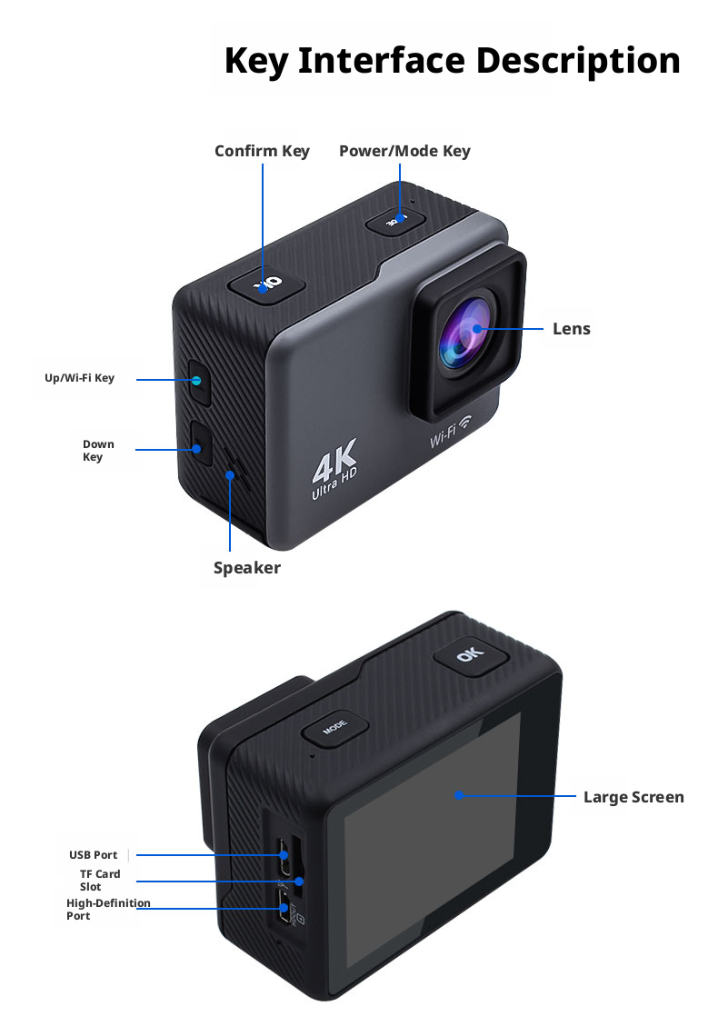 DLC 4K 60FPS 30M Waterproof Sports Cam EIS Stabilizer 2 Inch Display 170 View WiFi Control Wrist Remote Dual Dash Cam Outdoor