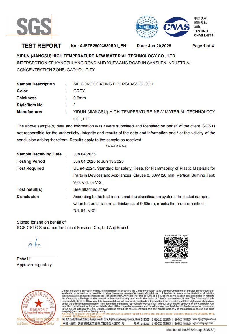 Yidun (Jiangsu) High Temperature New Material Technology Co., Ltd. Certificaciones