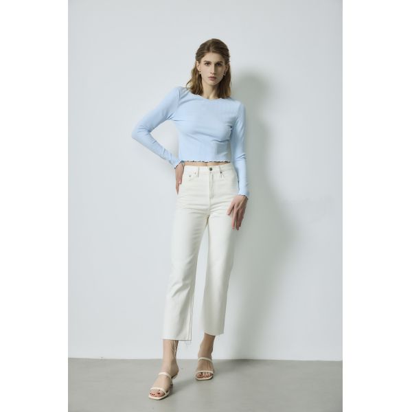 Blue Ribbed Long-Sleeve Lettuce-Hem Cropped Top & White High-Waist Cropped