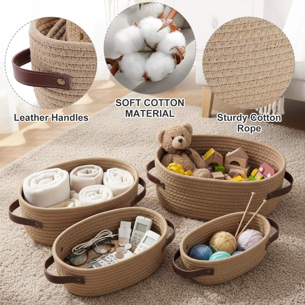 Foldable Cotton Woven Rope Storage Basket with Leather Handles