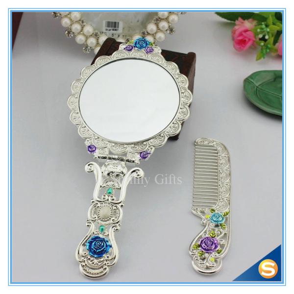 Circular Rose Design Classic Retro Makeup Mirrors One Side Ladies Handle Metal Cosmetic Mirrors