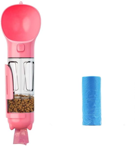 Garrafa de água cor-de-rosa Leakproof portátil do cão 4 In1 com recipiente de alimento & saco do desperdício