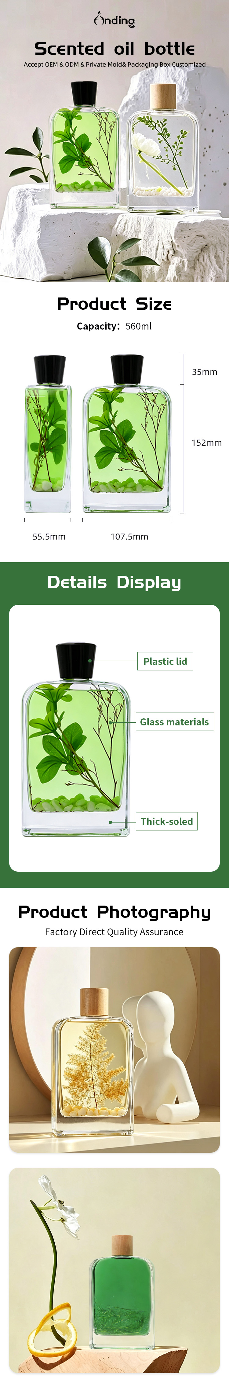 Anding Stock 560ml Flat Home Room Large Aromatherapy Bottle Custom Empty Luxury Glass Reed Diffuser Bottle