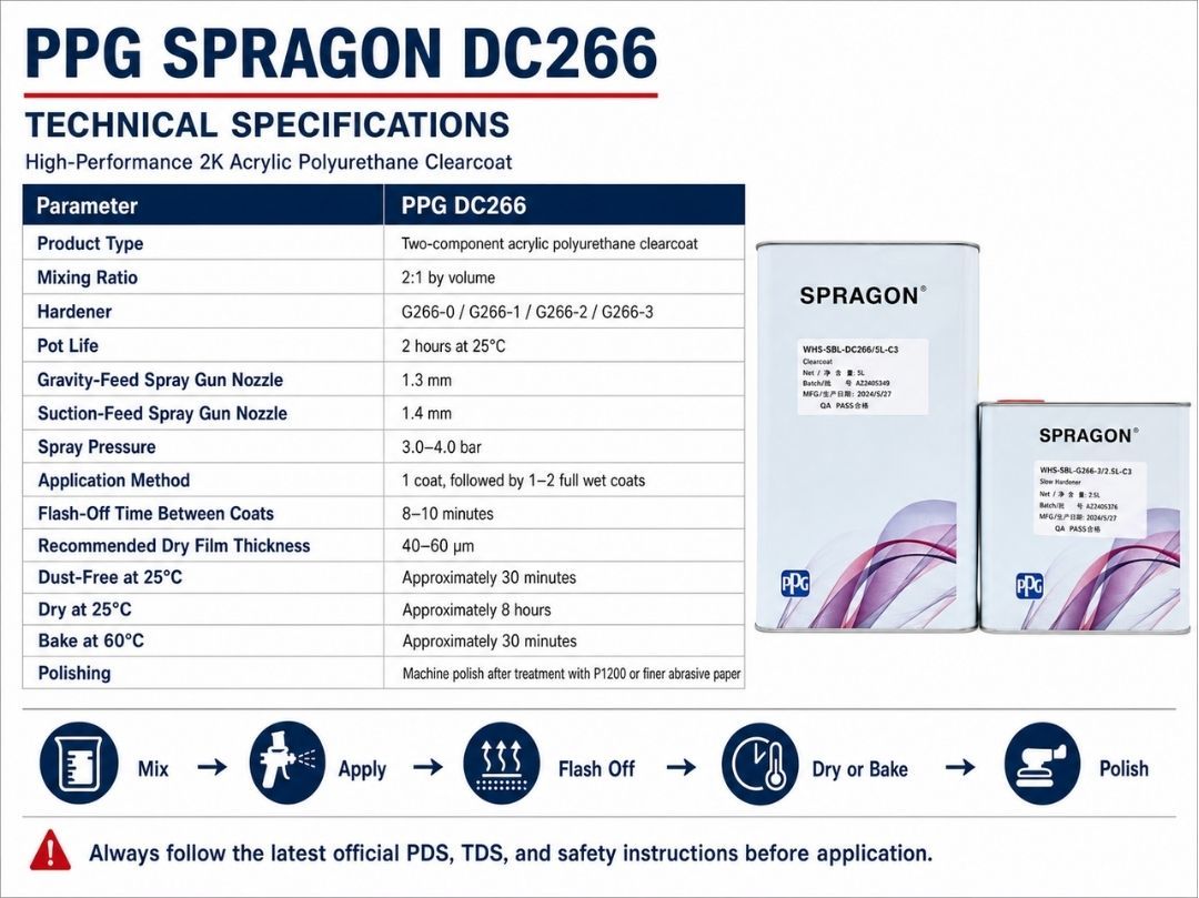 PPG SPRAGON DC266 Automotive Refinishing Clear Coat G266 Hardener Glossy Fast-Drying for Spot Panel Repairs