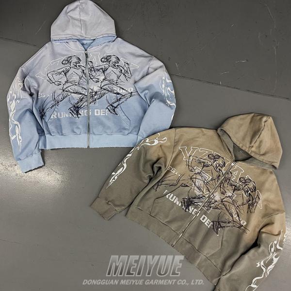 Des grammes personnalisés Vintage Distressed Hoodie gris Poids lourd Service OEM ODM