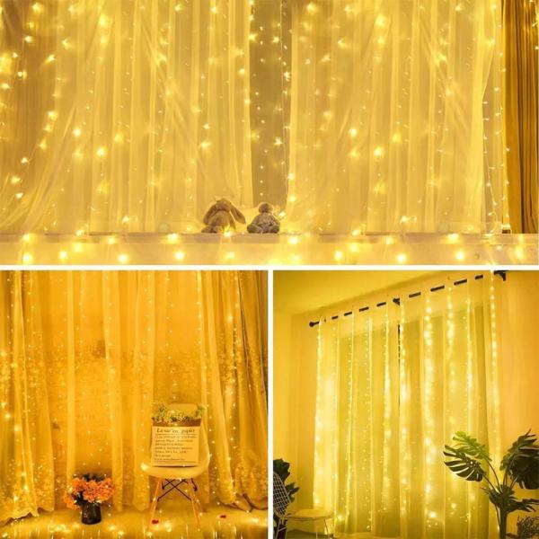 3500K Warm White LED Curtain Light for Bedroom Decorations 3x2.4m 240d USB Power Modes