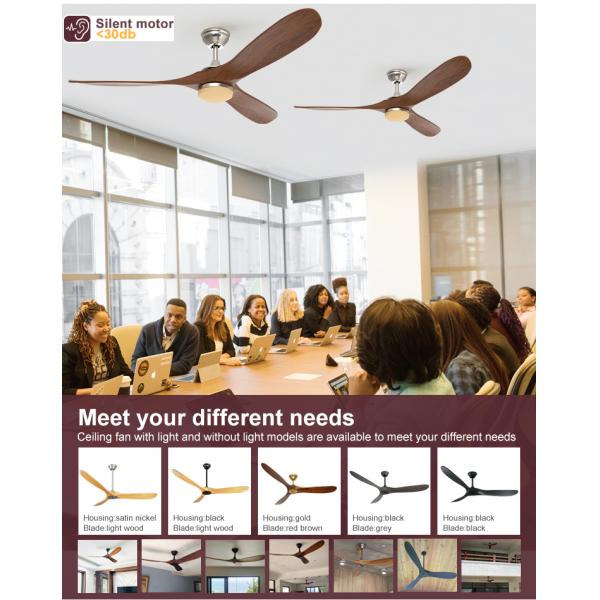 Ventilador de teto com controle remoto inteligente com 3 lâminas de madeira natural e material de corpo de lâmpada de metal