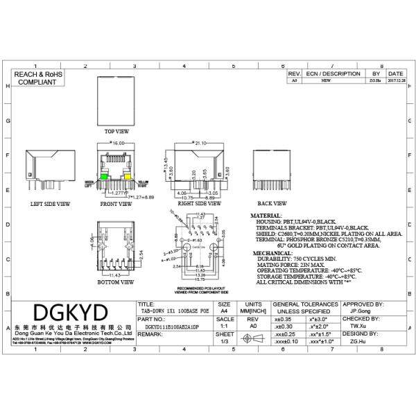 Интегрированная плата Джек Magnetics RJ45 100M вниз с соединителя POE Rj45 сети