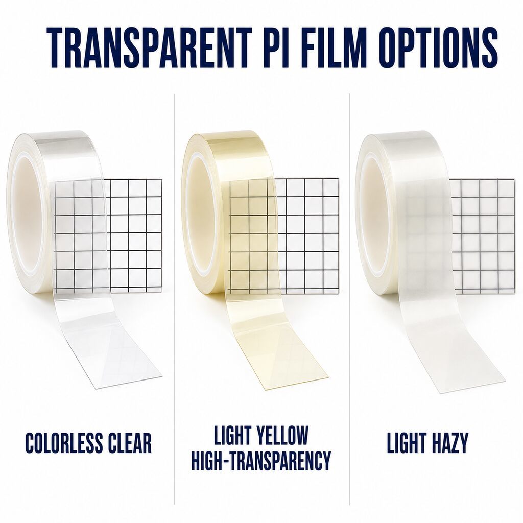 Transparent Polyimide Tape (Colorless PI Tape / CPI Film Tape / Clear Heat-Resistant Tape) – Silicone or Acrylic Adhesive for Displays, Cameras, FPC & Semiconductor Labels
