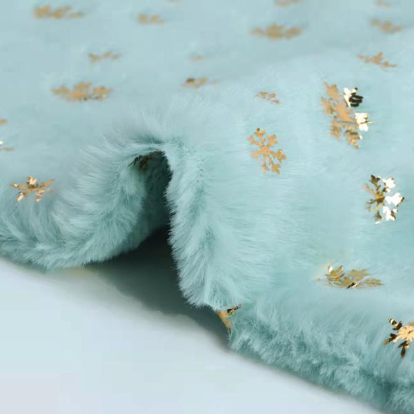 DDP Recycled Factory High Quality Bunny Hair Foil Gold Fabric Snowflake Pattern, Wholesale Polyester Fleece Fabric