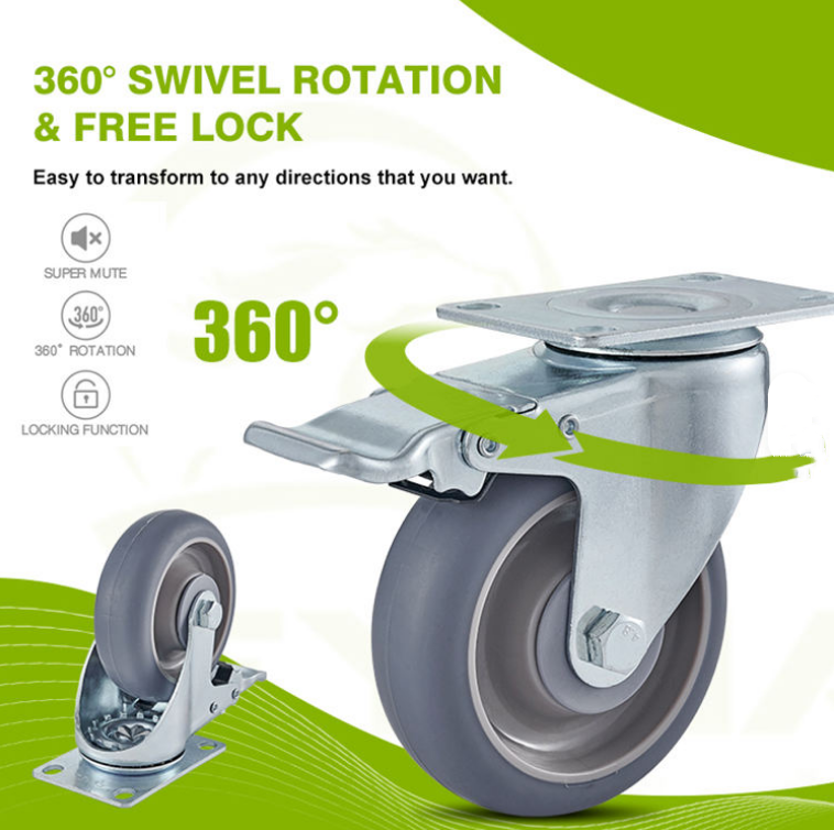 3/4/5 Inch Grey Medium Duty Caster TPR Top Plate Swivel Double Ball Bearing Caster Wheel With Brake