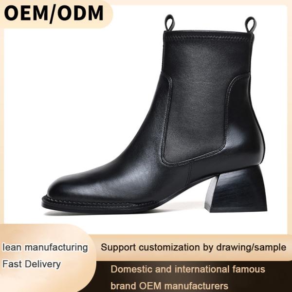 Customized Women Heeled Shoes Black Square Chunky Heel Leather Boots Round Toe