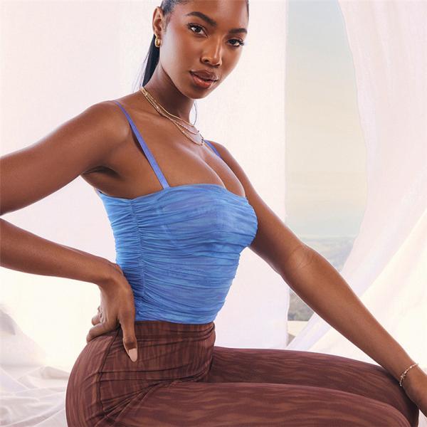 One Line Neck Ladies Camisole Tank Tops See Through Net Gauze Printing