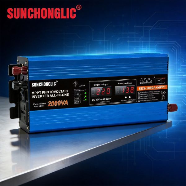 This 2000W MPPT solar charge inverter features a modified sine wave output and converts 12V DC to 220V AC power.
