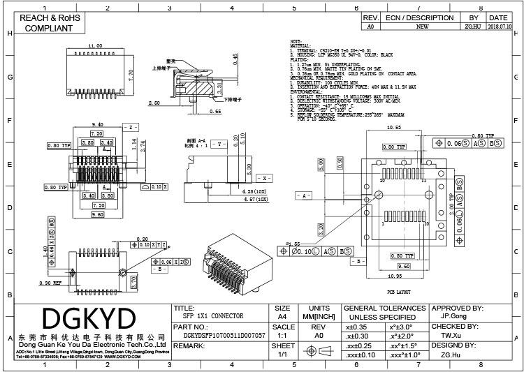 Высокая температура соединителя толщины 0.25mm SMT RJ45 SFP устойчивая
