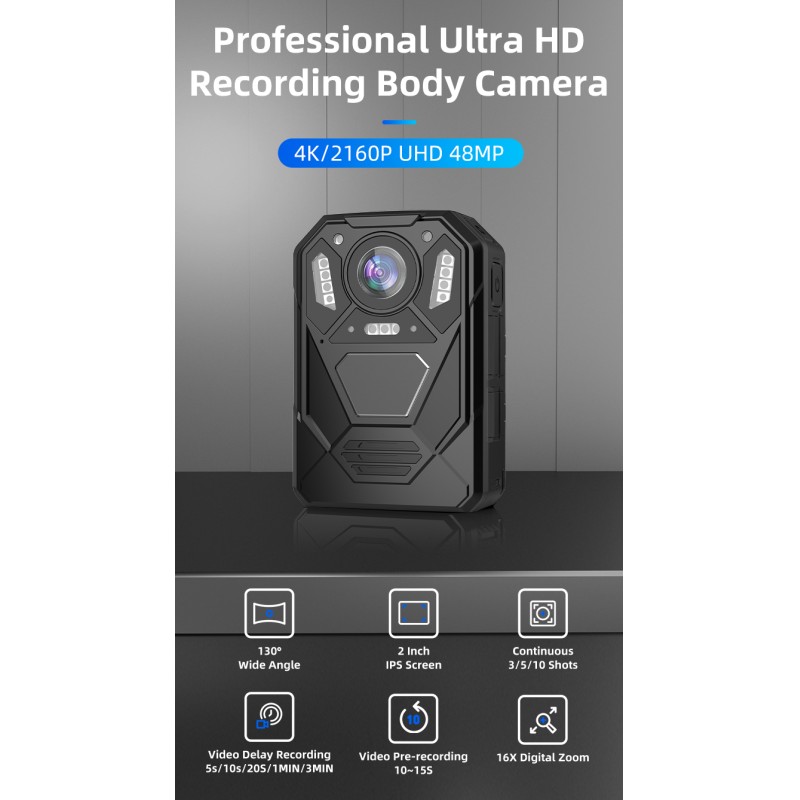 Mini 48MP 4K UHD High Relosution 16X Zoom Body Worn Camera With IP66 Waterproof and WIFI GPS Wearable Camera for Video Recording