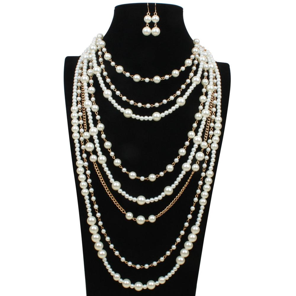 Popular Personality Statement Necklace Vintage Multi-layer Pearl Wedding Necklace Jewelry Sets