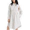                  Ladies Collared Neck Dresses Long Sleeve Side Pocket Cotton Striped Print Shirt Dress for Women             
