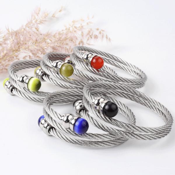 Powder crystal stone bracelet stainless steel wire elastic twisted wire fine steel rope three-ring bracelet