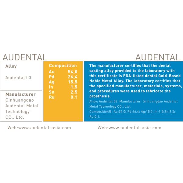 Audental 03 Au54% Alta nobleza de aleación de cerámica dental Blanco para para la fabricación de restauraciones de porcelana
