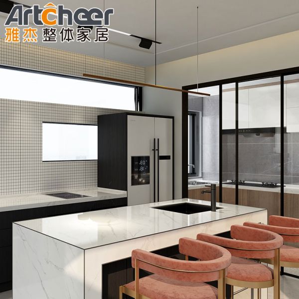 Modern European Design Kitchen Cabinet with White Marble Laminate Countertop and Customizable Size