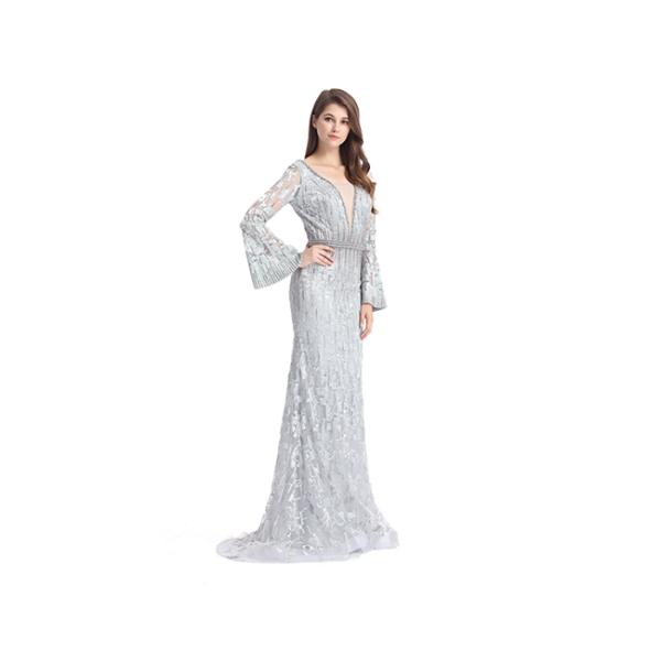 Mandarin Sleeve V Neck Sexy Long Sleeve Lace Formal Dress Floor Length