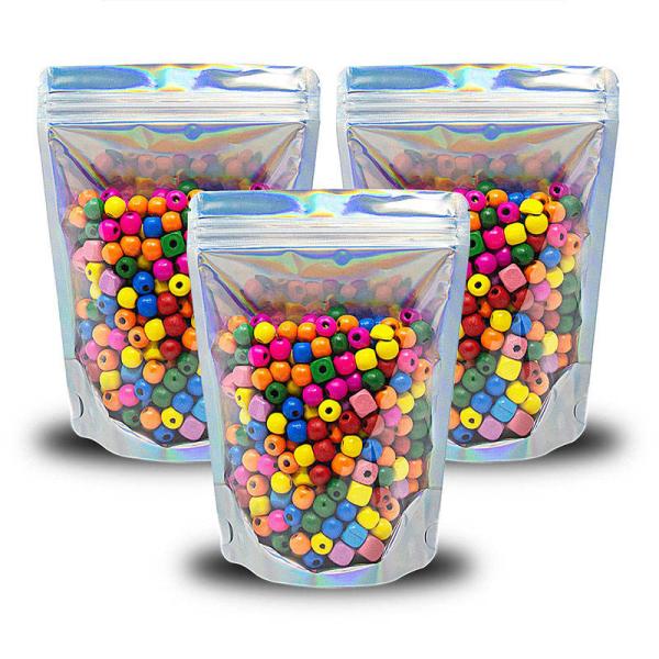 Clear Front Foil Back Iridescent Food Zip Lock Bags Resealable Holographic Stand Up Pouches Smell Proof Mylar Bags