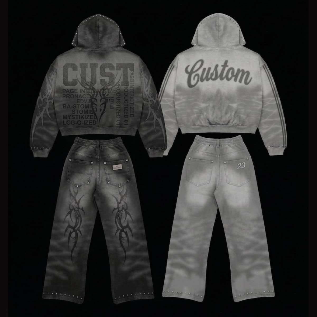 Custom Vintage Wash Studded Zip-Up Hoodie & Pants Set for Men