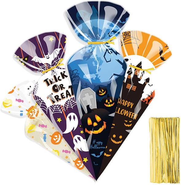 Clear Cone Treat Bags Cellophane Cone Treat Bags Plastic Cone Bags Triangle Bags with 200 PCS Twist Ties for candy
