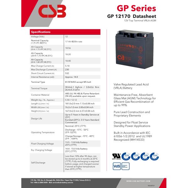 CSB Battery GP12170 12V 17Ah Energy Storage Maintenance Free Rechargeable VRLA 12V 17Ah CSB Battery