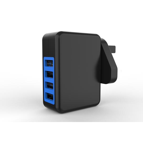 Black 4 Ports 5V4.8A USB Wall Charger UK Plug