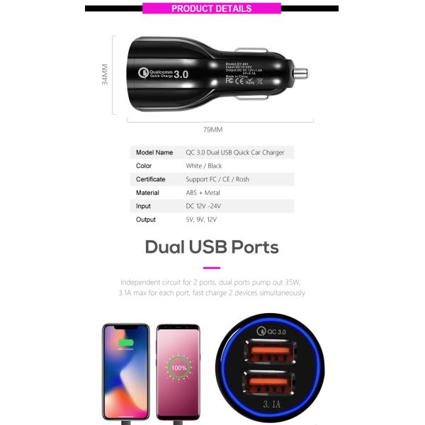 Electric Mobile Phone 12V 8CM QC 3.0 Usb Car Charger